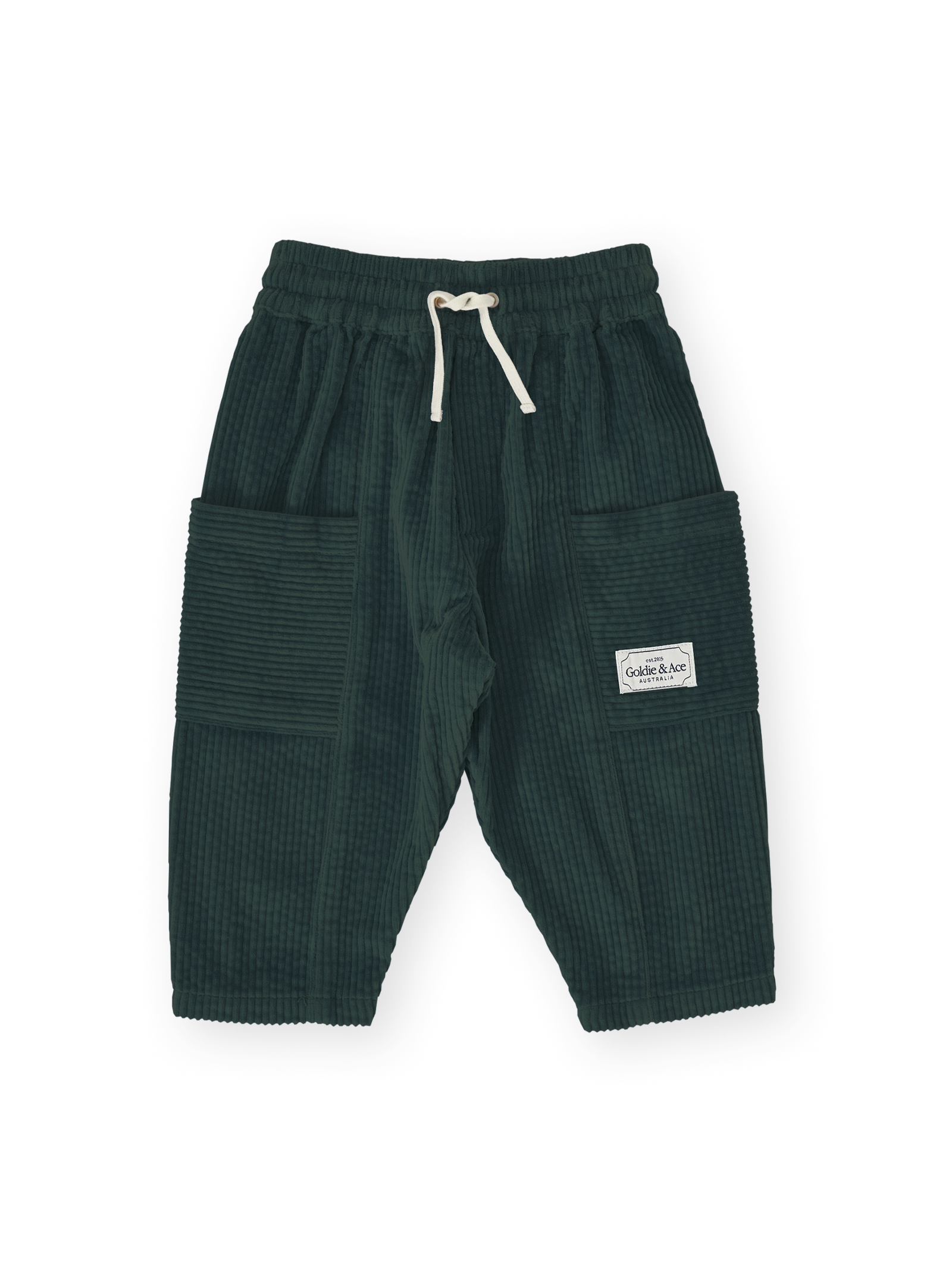 The Goldie + Ace Kit Corduroy Pocket Pant in Moss pictured on a transparent background. The material is 100% cotton. It is a pant made for babies, toddlers and kids.