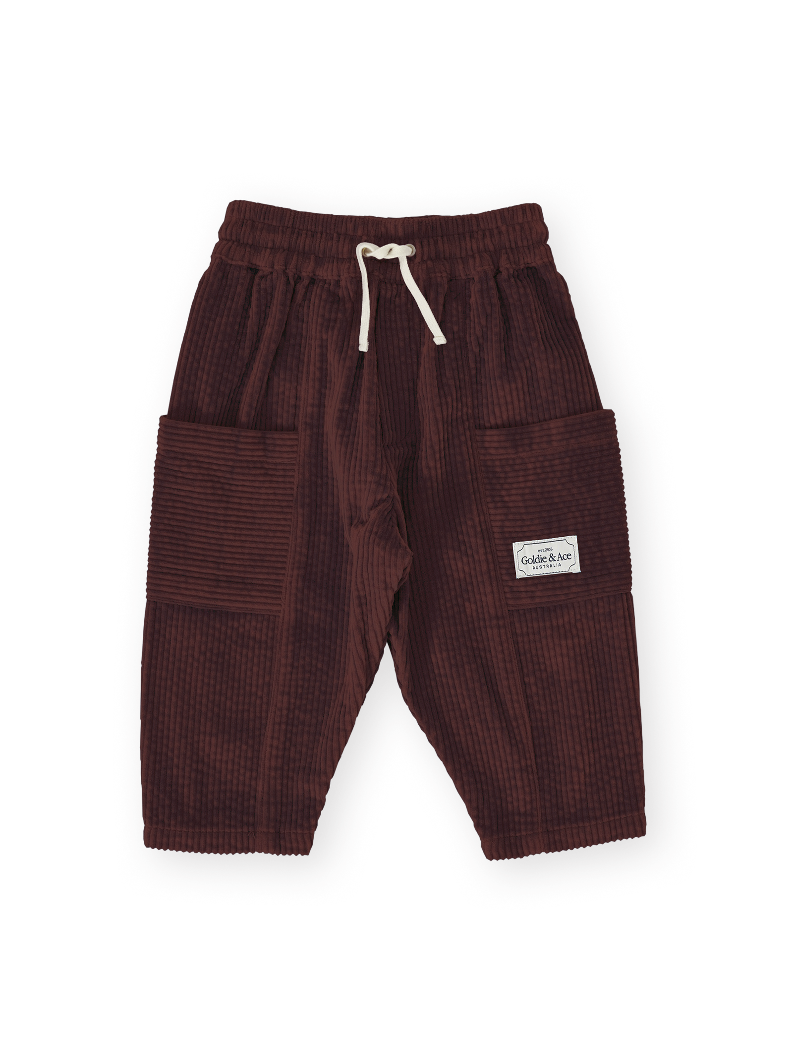The Goldie + Ace Kit Corduroy Pocket Pant in Brown pictured on a transparent background. The material is 100% cotton. It is a pant made for babies, toddlers and kids.