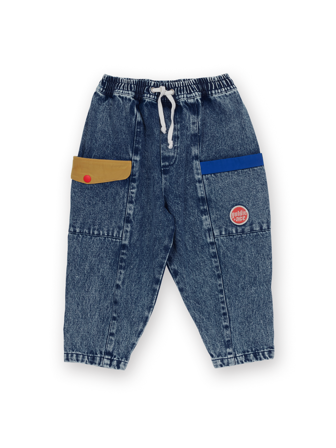 The Goldie + Ace Kit Colour Block Denim Pocket Pant in Dark Denim &amp; Multi pictured on a transparent background. The material is 100% cotton. It is a pant made for babies, toddlers and kids.