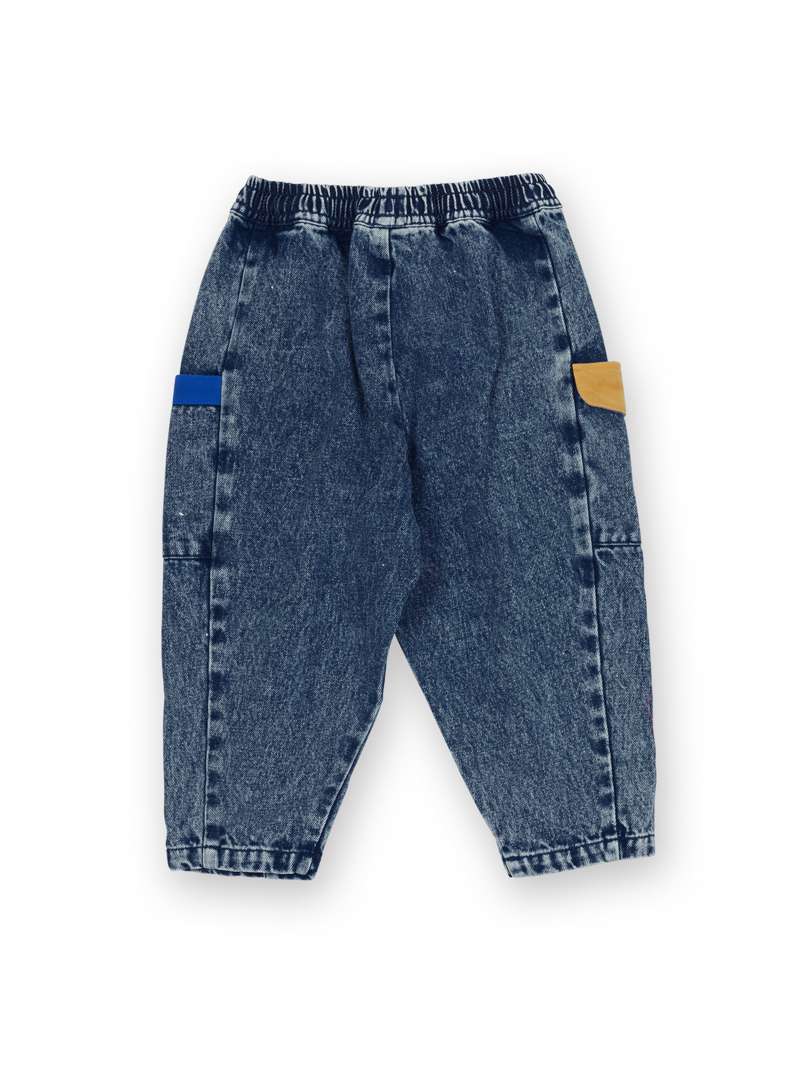 The Goldie + Ace Kit Colour Block Denim Pocket Pant in Dark Denim & Multi pictured on a transparent background. The material is 100% cotton. It is a pant made for babies, toddlers and kids.