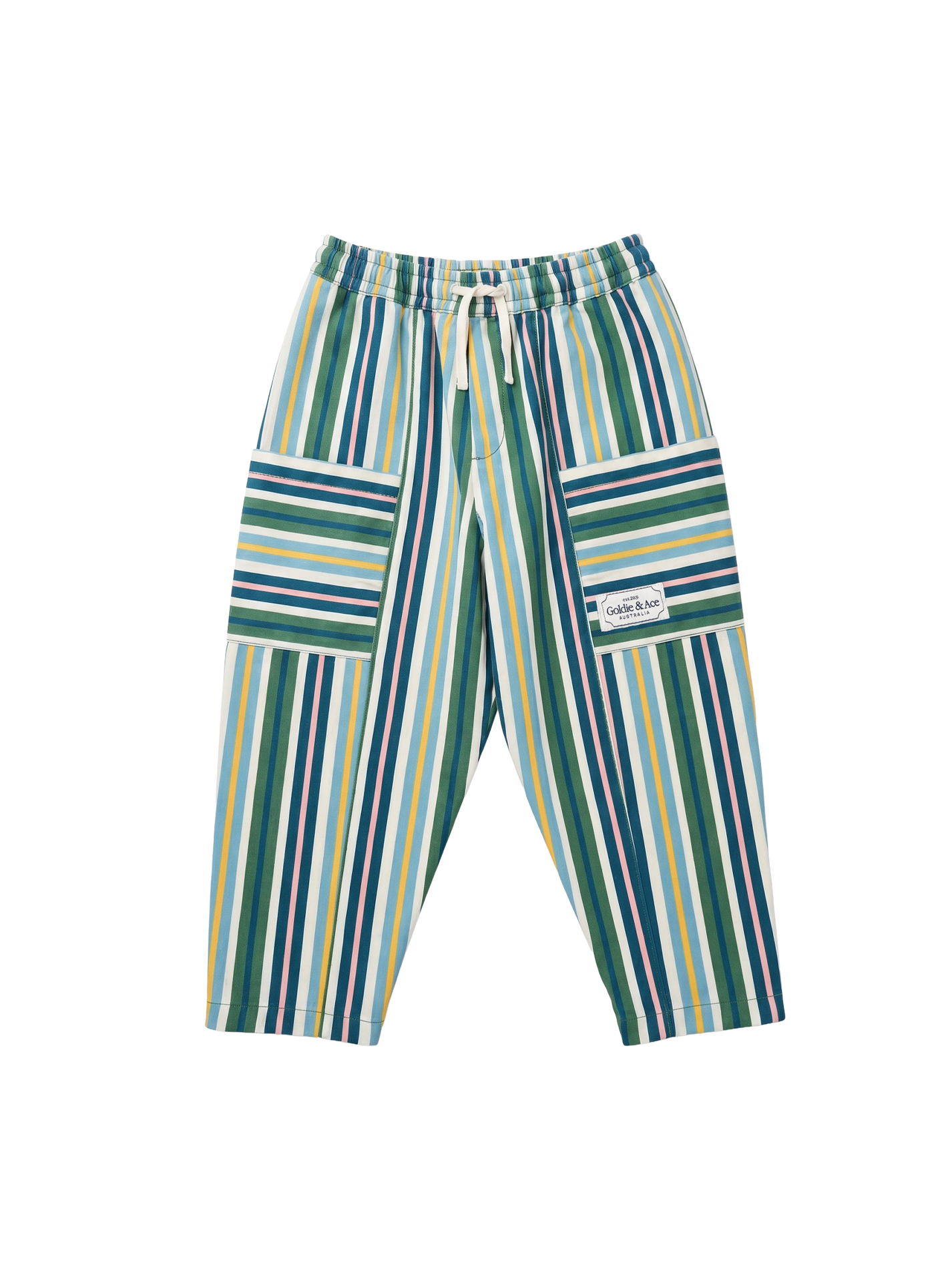 The Goldie + Ace Evergreen Stripe Kit Pocket Pant in Green Multi pictured on a transparent background. The material is 100% cotton. It is a pant made for babies, toddlers and kids.