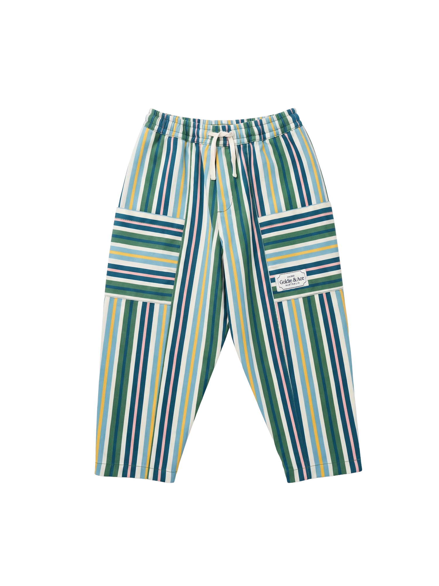 The Goldie + Ace Evergreen Stripe Kit Pocket Pant in Green Multi pictured on a transparent background. The material is 100% cotton. It is a pant made for babies, toddlers and kids.