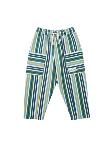 The Goldie + Ace Evergreen Stripe Kit Pocket Pant in Green Multi pictured on a transparent background. The material is 100% cotton. It is a pant made for babies, toddlers and kids.