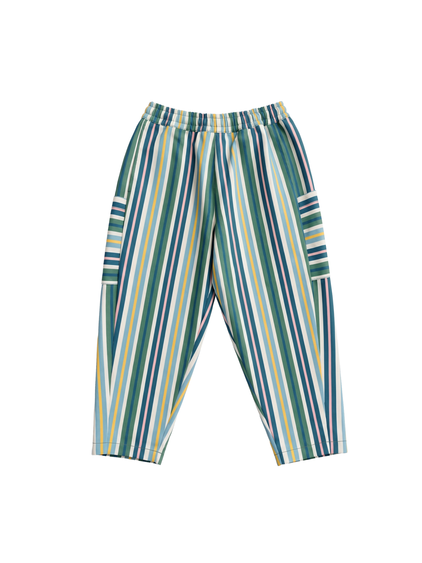 The Goldie + Ace Evergreen Stripe Kit Pocket Pant in Green Multi pictured on a transparent background. The material is 100% cotton. It is a pant made for babies, toddlers and kids.