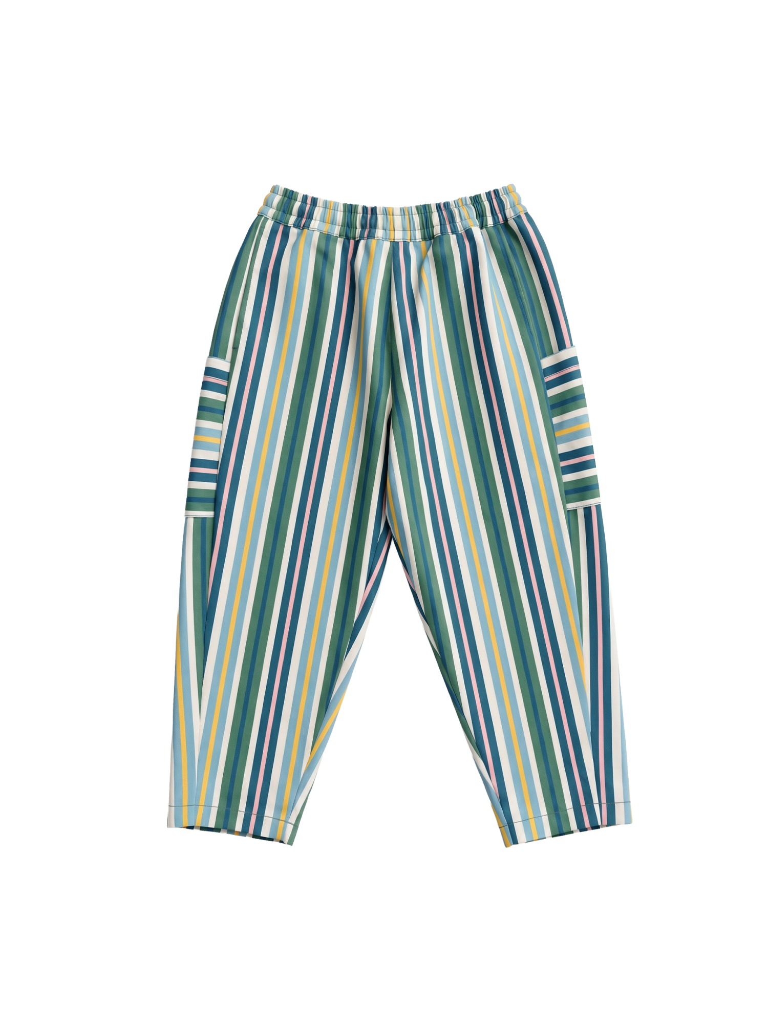 The Goldie + Ace Evergreen Stripe Kit Pocket Pant in Green Multi pictured on a transparent background. The material is 100% cotton. It is a pant made for babies, toddlers and kids.