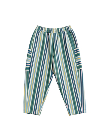 The Goldie + Ace Evergreen Stripe Kit Pocket Pant in Green Multi pictured on a transparent background. The material is 100% cotton. It is a pant made for babies, toddlers and kids.
