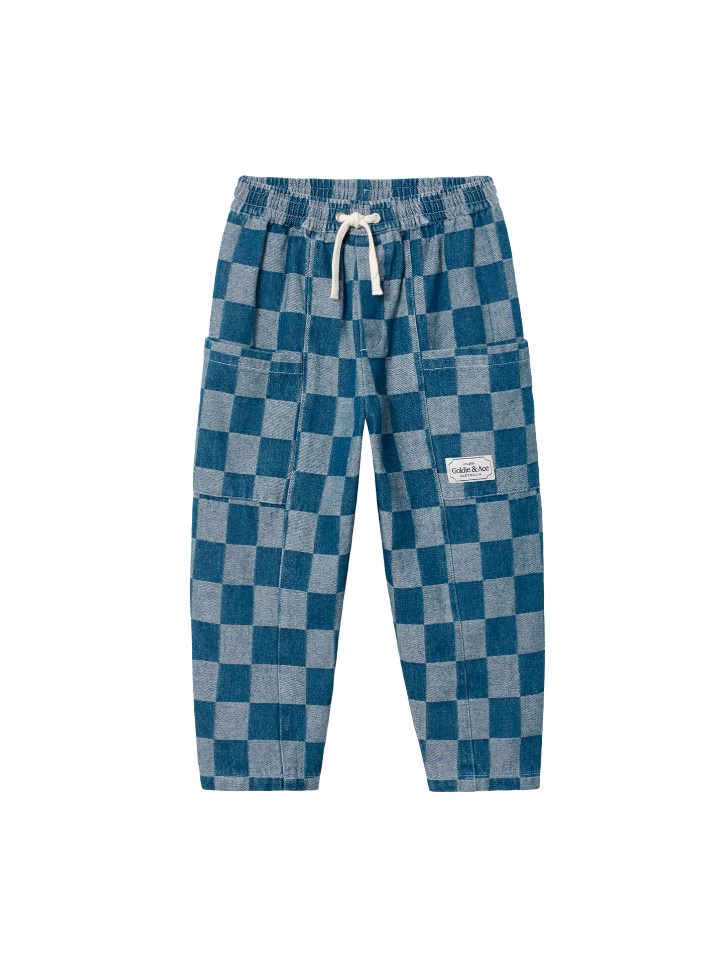 The Goldie + Ace Kit Pocket Pant Dark Denim Check in Dark Denim pictured on a transparent background. The material is 100% cotton. It is a pant made for babies, toddlers and kids.