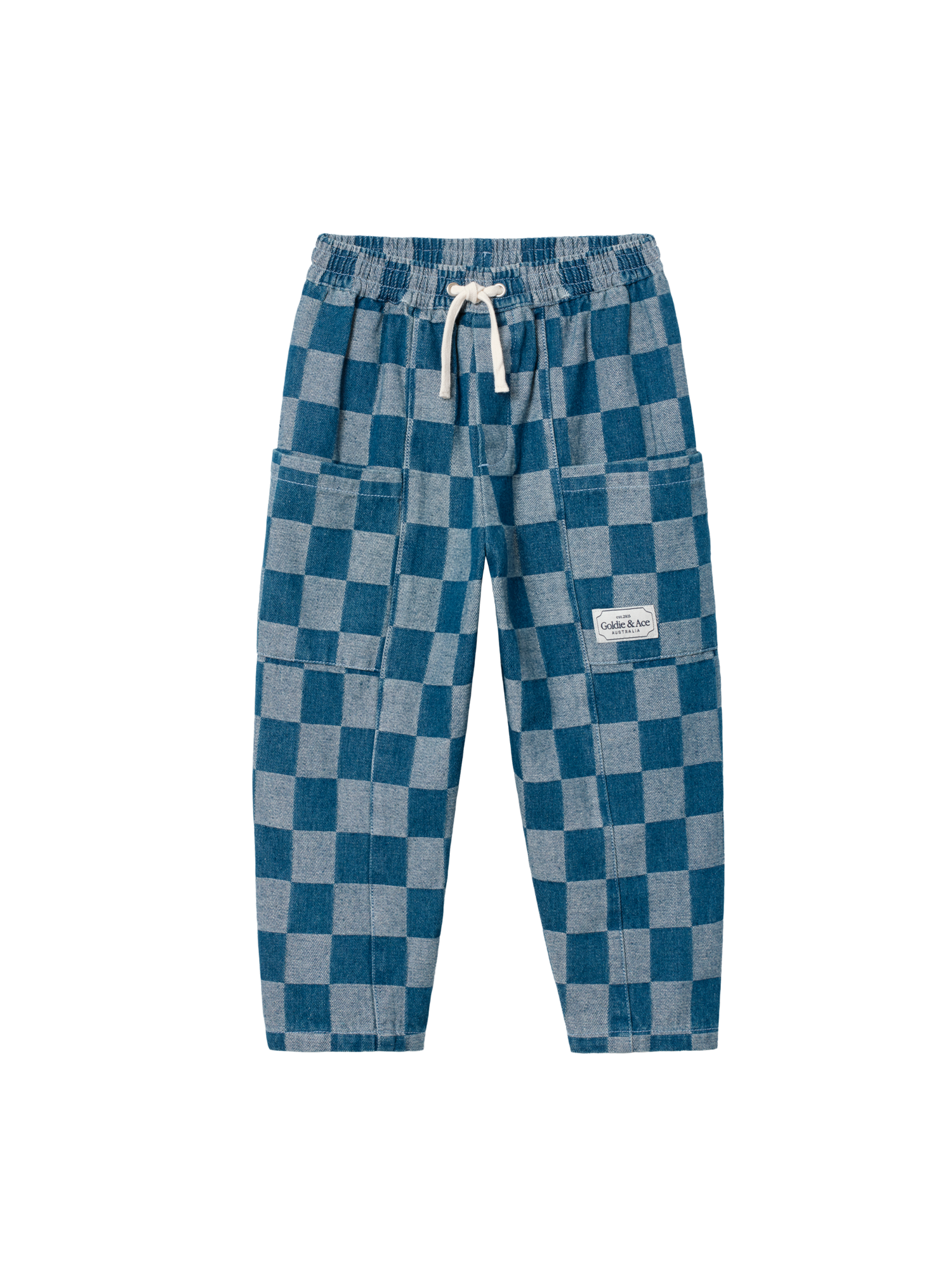 The Goldie + Ace Kit Pocket Pant Dark Denim Check in Dark Denim pictured on a transparent background. The material is 100% cotton. It is a pant made for babies, toddlers and kids.