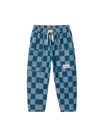 The Goldie + Ace Kit Pocket Pant Dark Denim Check in Dark Denim pictured on a transparent background. The material is 100% cotton. It is a pant made for babies, toddlers and kids.