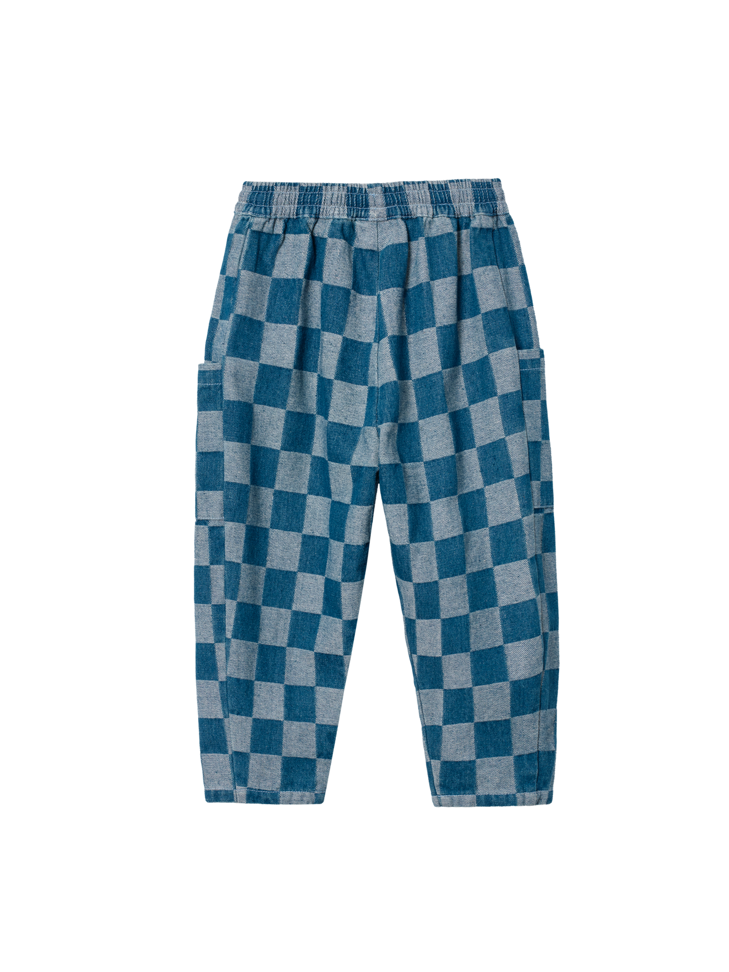 The Goldie + Ace Kit Pocket Pant Dark Denim Check in Dark Denim pictured on a transparent background. The material is 100% cotton. It is a pant made for babies, toddlers and kids.