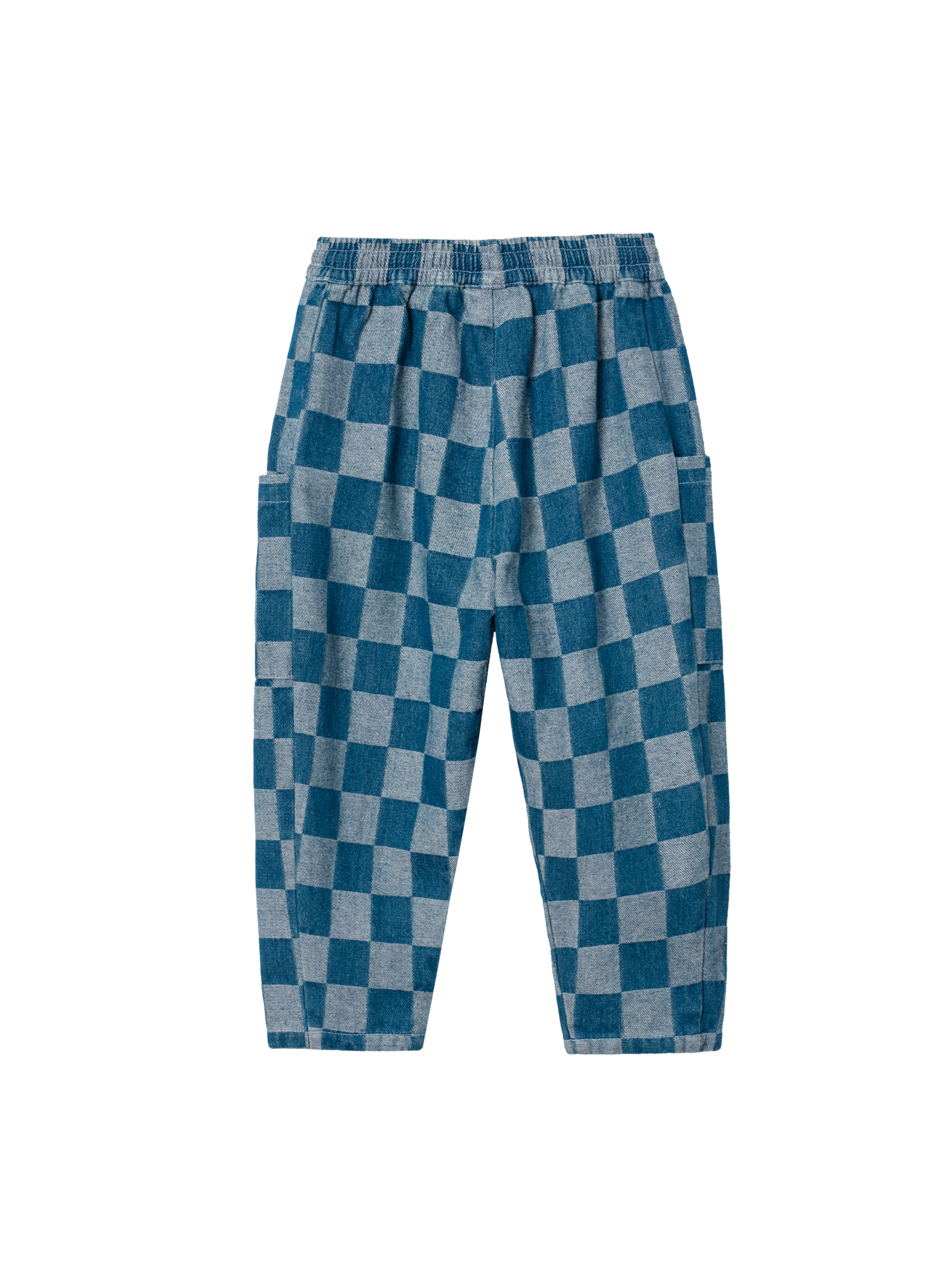 The Goldie + Ace Kit Pocket Pant Dark Denim Check in Dark Denim pictured on a transparent background. The material is 100% cotton. It is a pant made for babies, toddlers and kids.