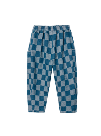 The Goldie + Ace Kit Pocket Pant Dark Denim Check in Dark Denim pictured on a transparent background. The material is 100% cotton. It is a pant made for babies, toddlers and kids.
