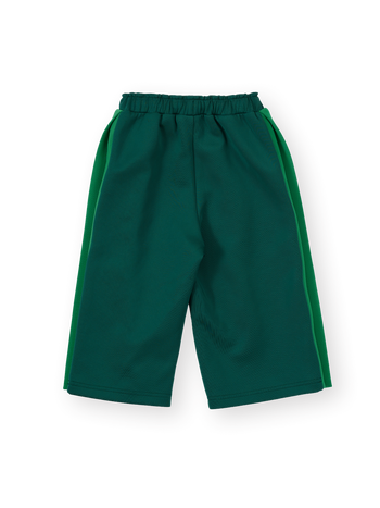 The Goldie + Ace Logo Track Snap Pants in Green pictured on a transparent background. The material is 100% polyester. It is a sweatpant made for babies, toddlers and kids.