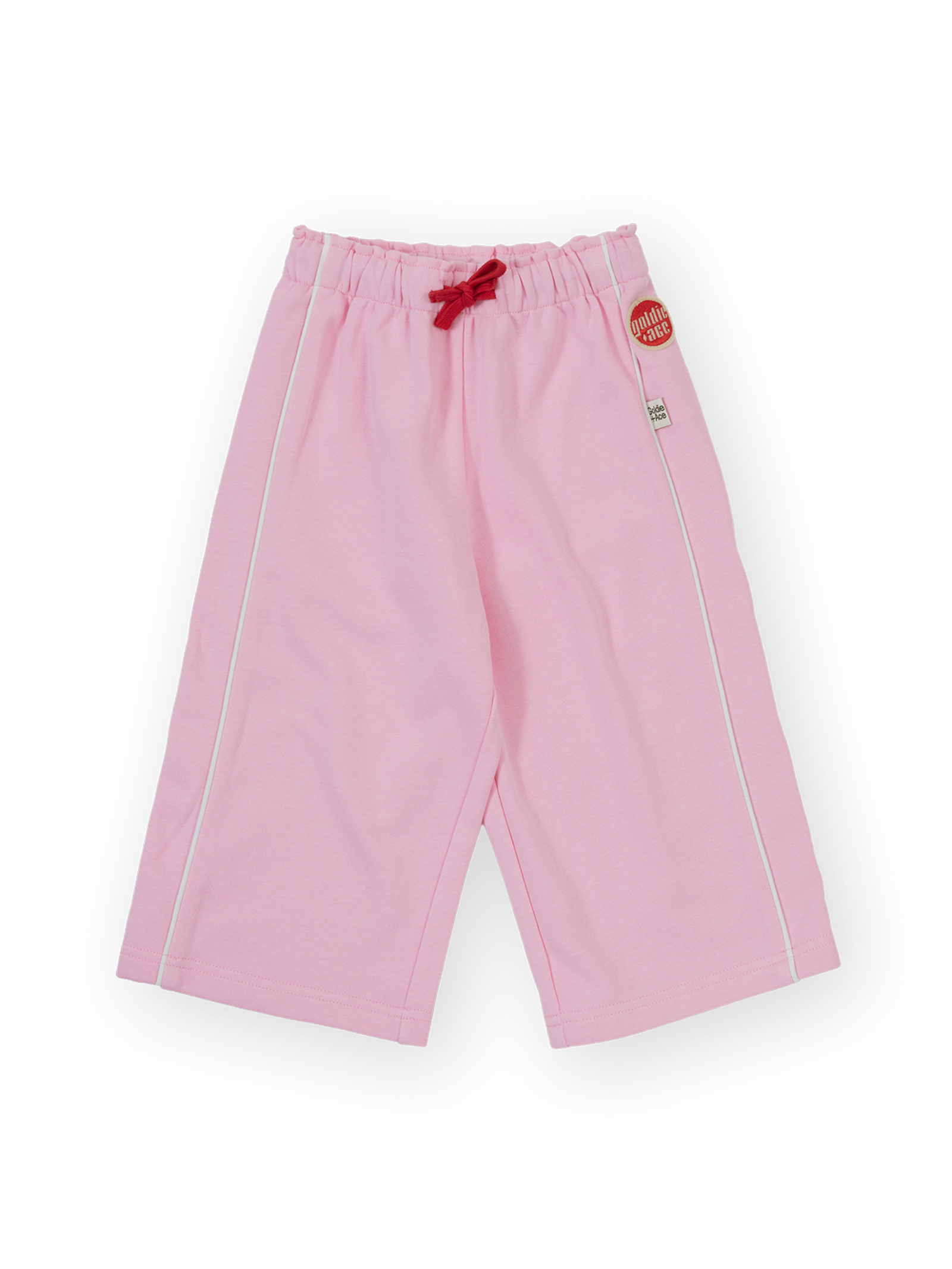 The Goldie + Ace Wide Leg Piped Sweatpants in Pink pictured on a transparent background. The material is 100% cotton. It is a sweatpant made for babies, toddlers and kids.
