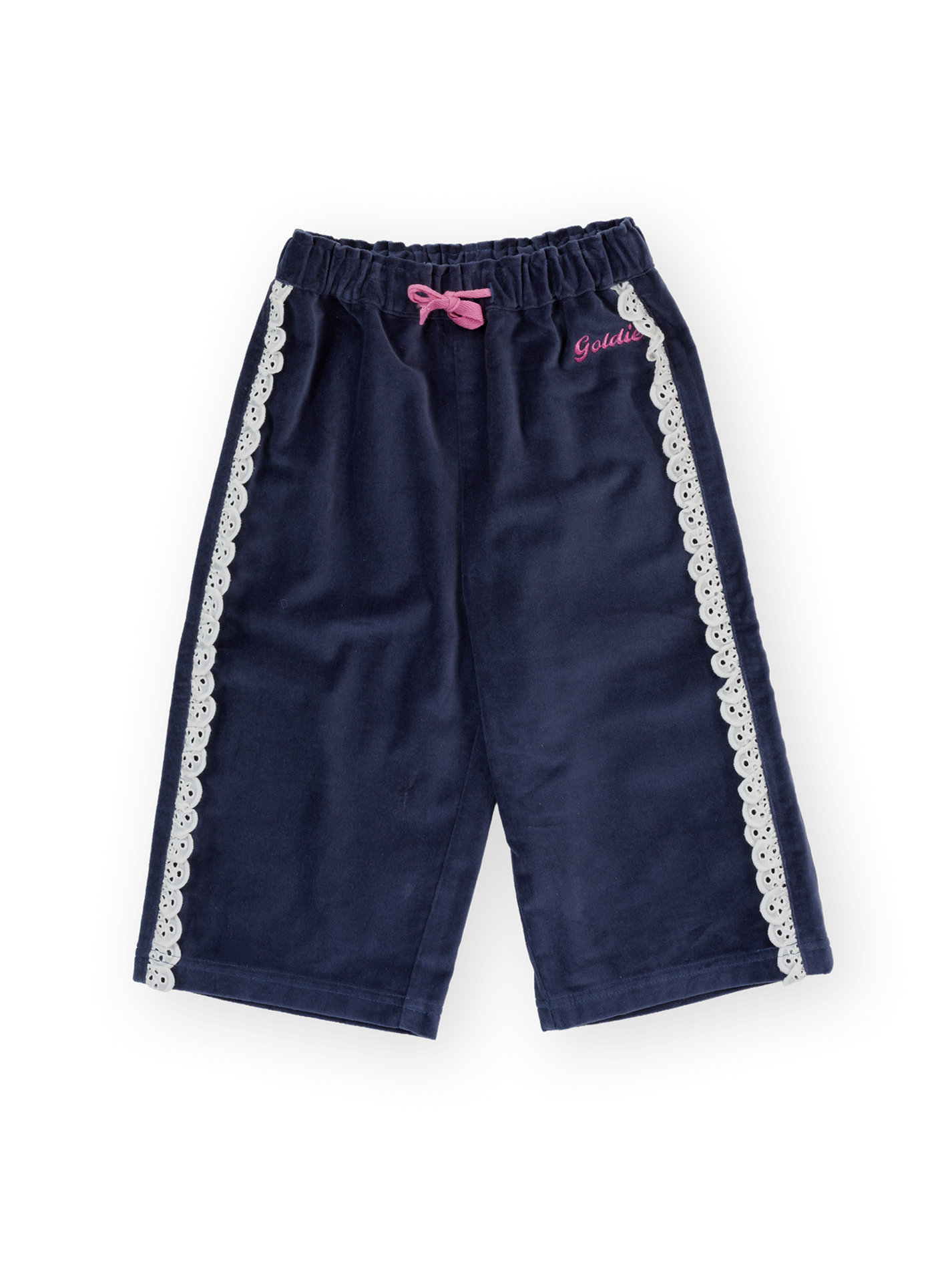 The Goldie + Ace Velour Broderie Wide Leg Pant in Navy pictured on a transparent background. The material is 100% cotton. It is a pant made for babies, toddlers and kids.