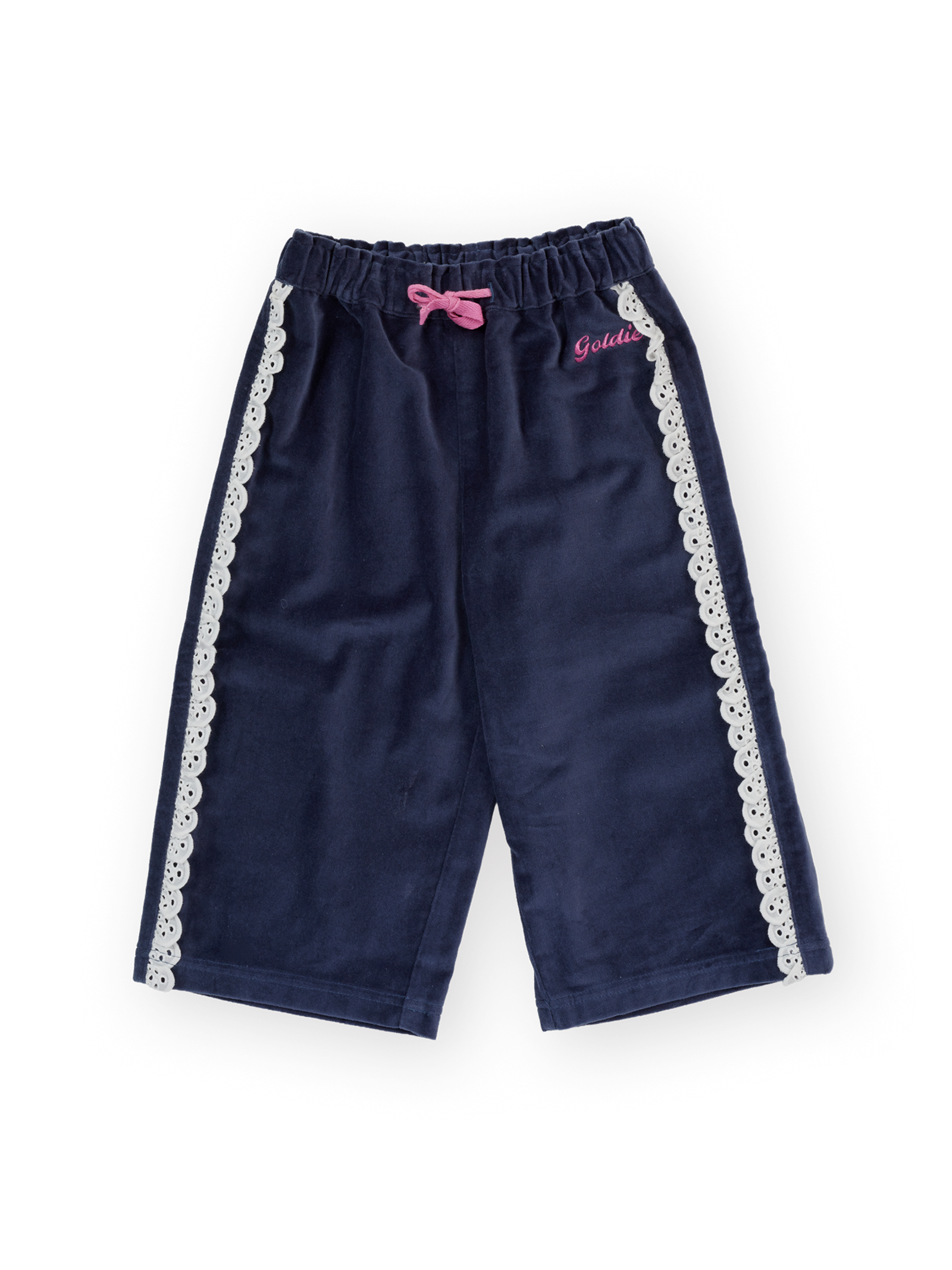The Goldie + Ace Velour Broderie Wide Leg Pant in Navy pictured on a transparent background. The material is 100% cotton. It is a pant made for babies, toddlers and kids.