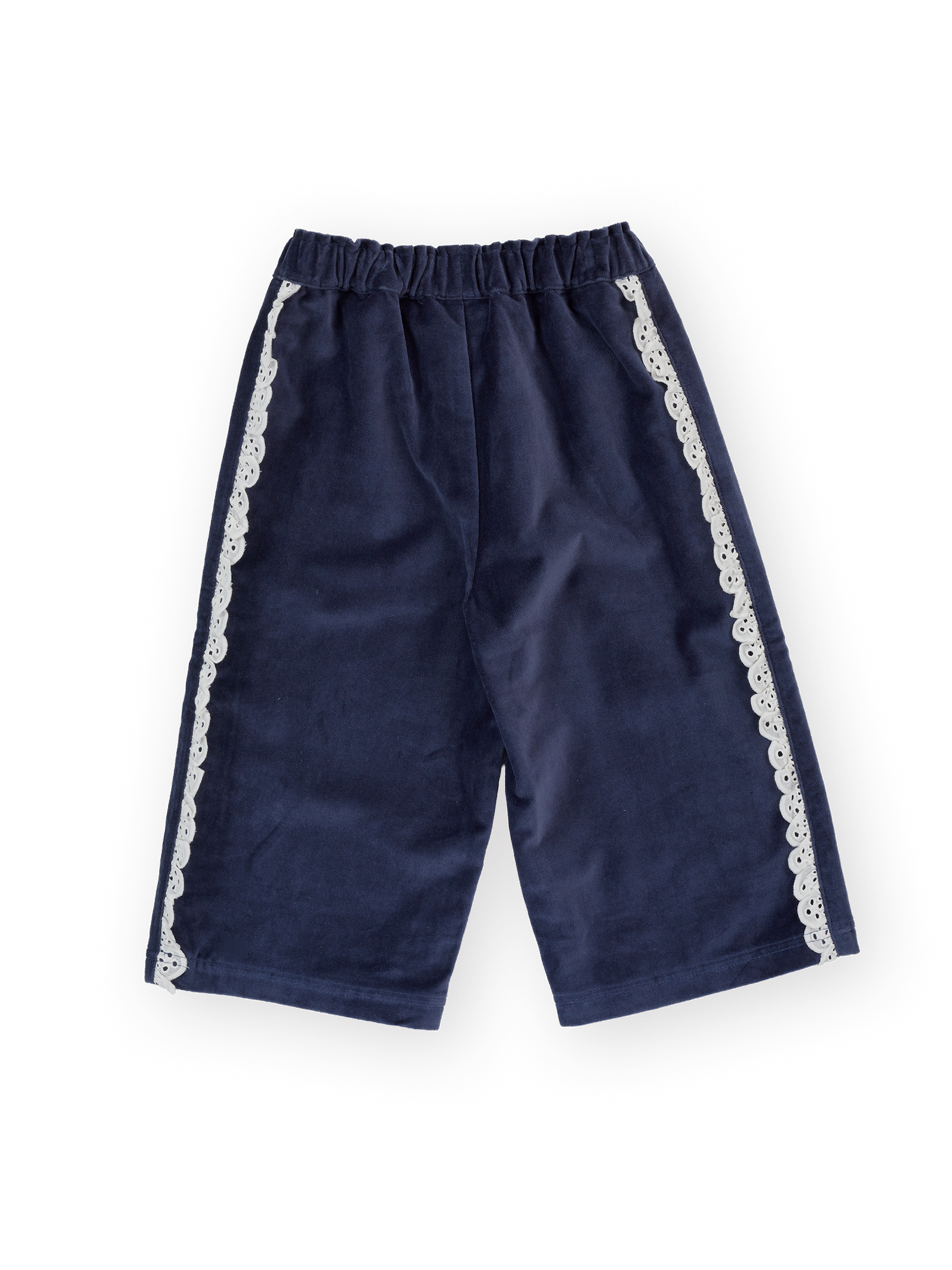 The Goldie + Ace Velour Broderie Wide Leg Pant in Navy pictured on a transparent background. The material is 100% cotton. It is a pant made for babies, toddlers and kids.