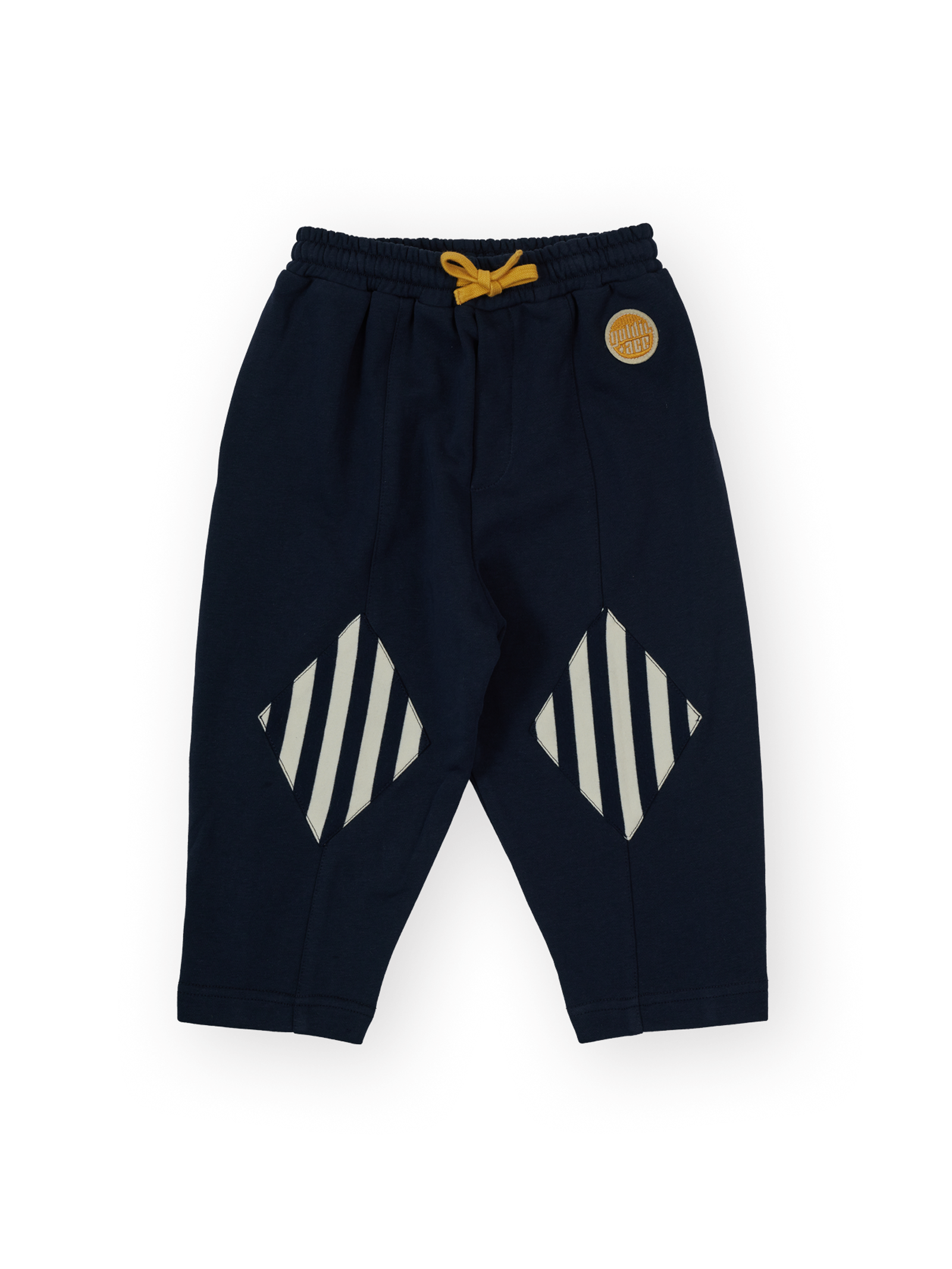 The Goldie + Ace Diamond Patch Sweat Pant in Navy pictured on a transparent background. The material is 100% cotton. It is a sweatpant made for babies, toddlers and kids.