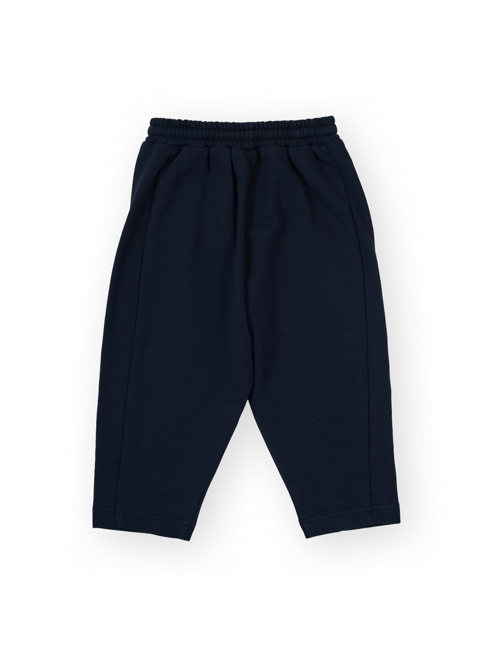 The Goldie + Ace Diamond Patch Sweat Pant in Navy pictured on a transparent background. The material is 100% cotton. It is a sweatpant made for babies, toddlers and kids.