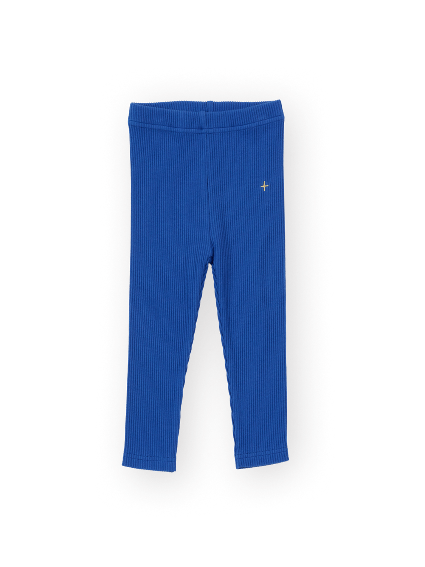The Goldie + Ace Bowie Rib Legging in Classic Blue pictured on a transparent background. The material is 95% cotton 5% spandex. It is a pant made for babies, toddlers and kids.