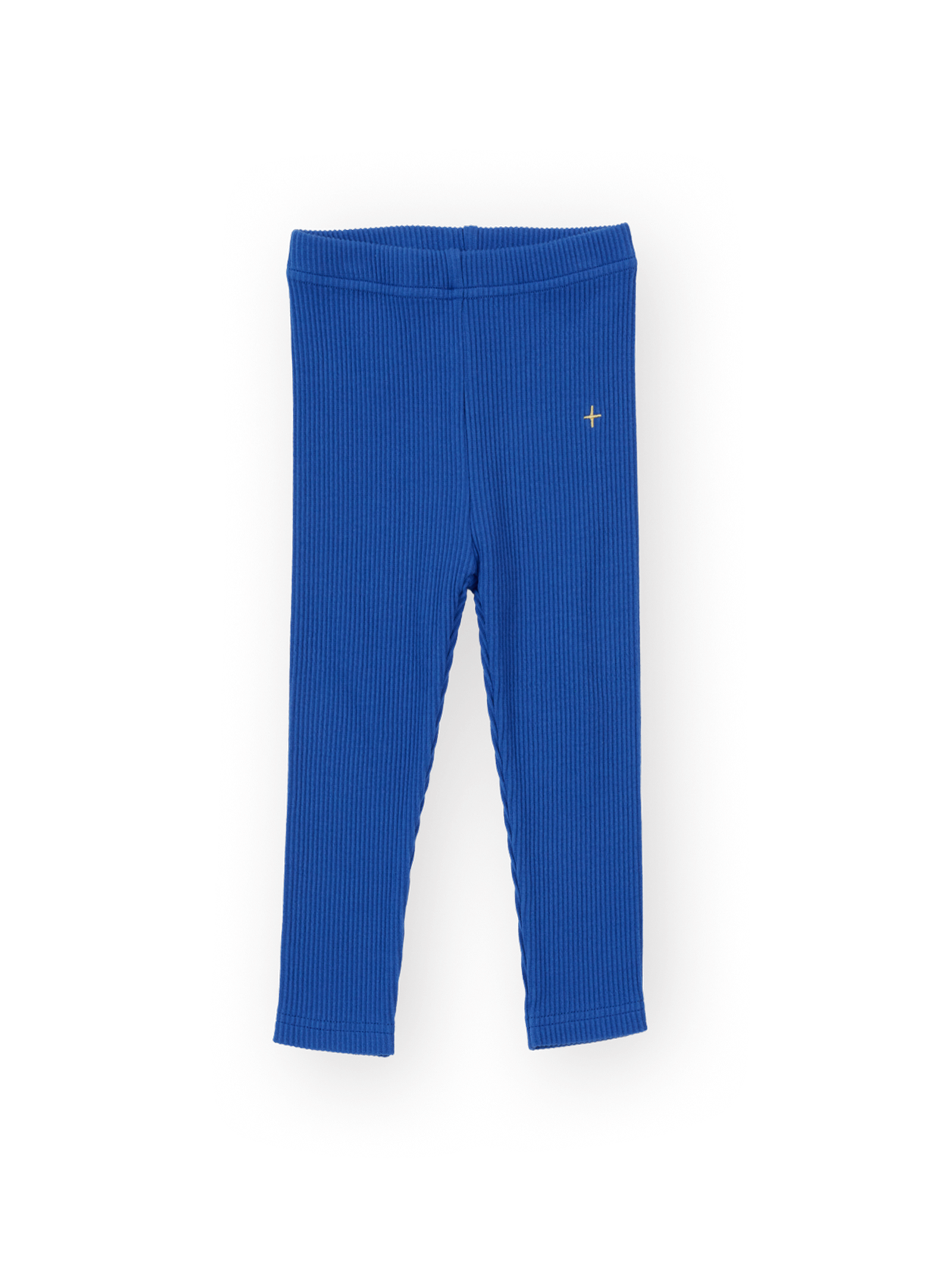 The Goldie + Ace Bowie Rib Legging in Classic Blue pictured on a transparent background. The material is 95% cotton 5% spandex. It is a pant made for babies, toddlers and kids.