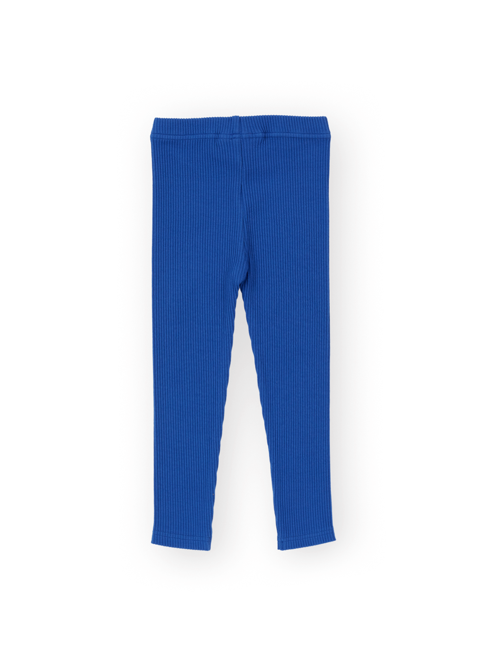 The Goldie + Ace Bowie Rib Legging in Classic Blue pictured on a transparent background. The material is 95% cotton 5% spandex. It is a pant made for babies, toddlers and kids.
