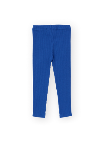 The Goldie + Ace Bowie Rib Legging in Classic Blue pictured on a transparent background. The material is 95% cotton 5% spandex. It is a pant made for babies, toddlers and kids.