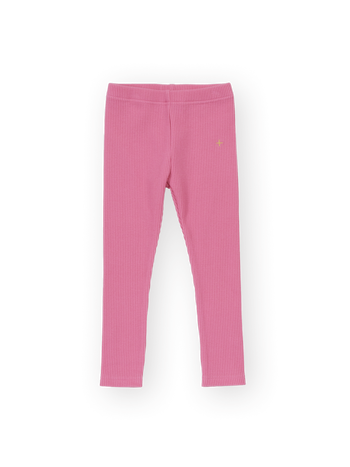 The Goldie + Ace Bowie Rib Legging in Deep Pink pictured on a transparent background. The material is 95% cotton 5% spandex. It is a pant made for babies, toddlers and kids.