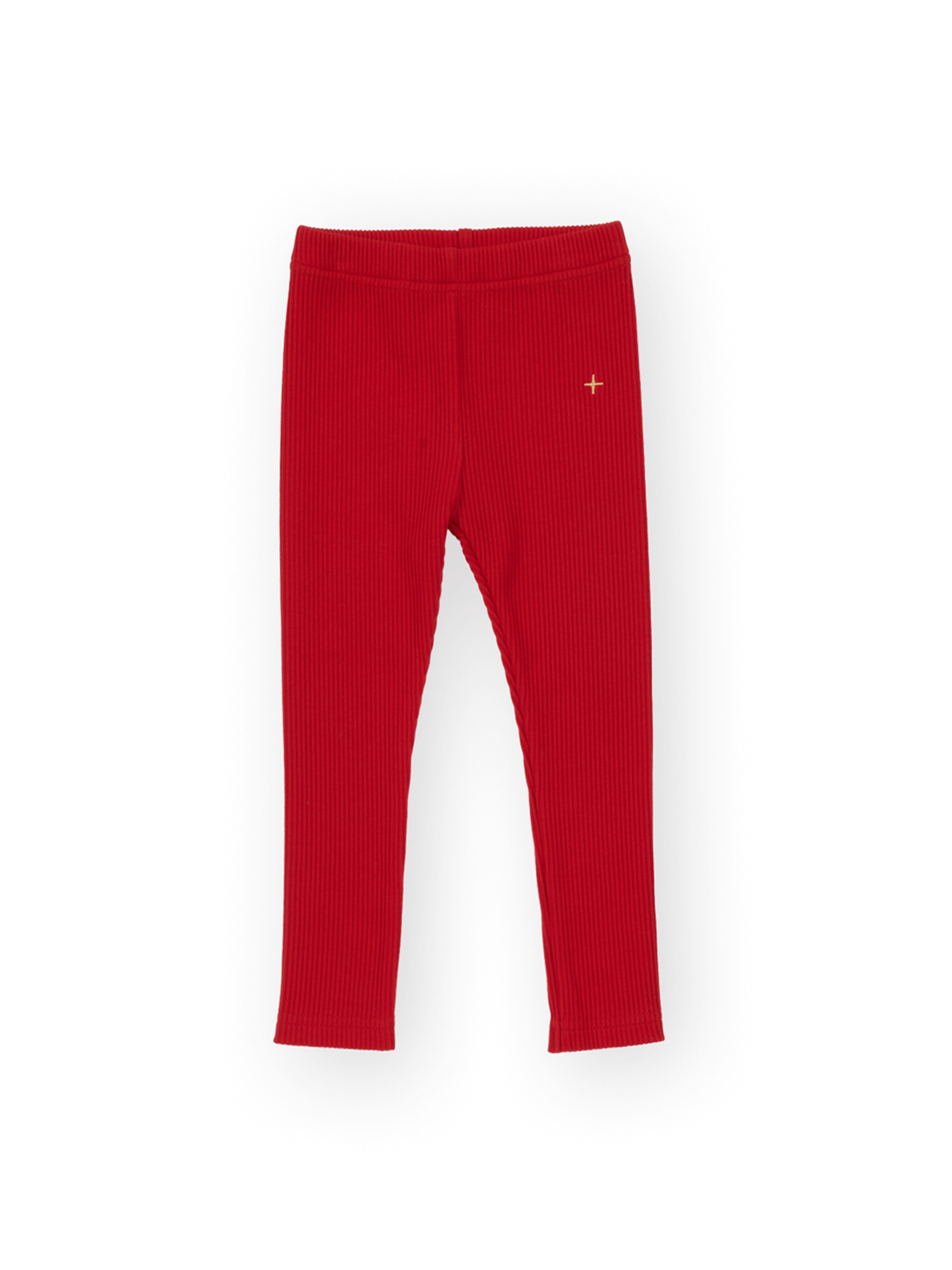 The Goldie + Ace Bowie Rib Legging in Red pictured on a transparent background. The material is 95% cotton 5% spandex. It is a pant made for babies, toddlers and kids.