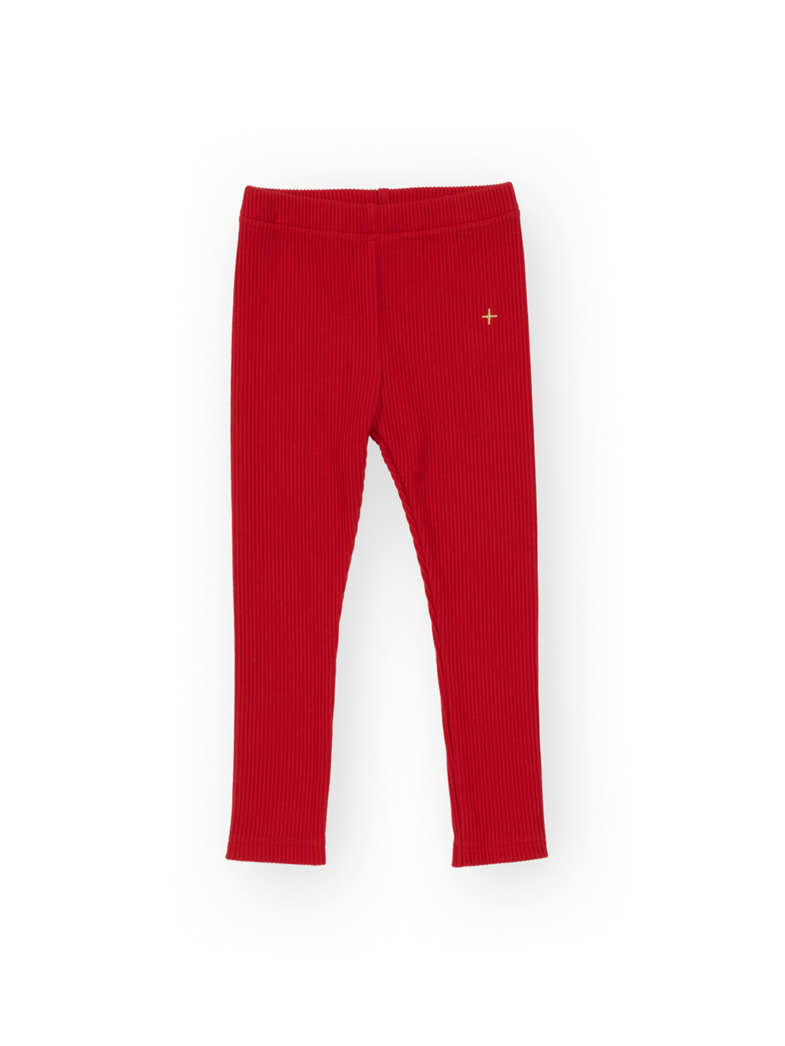 The Goldie + Ace Bowie Rib Legging in Red pictured on a transparent background. The material is 95% cotton 5% spandex. It is a pant made for babies, toddlers and kids.