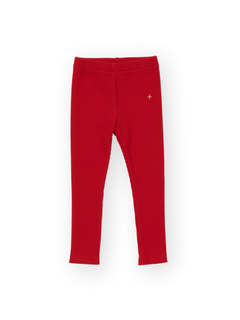 The Goldie + Ace Bowie Rib Legging in Red pictured on a transparent background. The material is 95% cotton 5% spandex. It is a pant made for babies, toddlers and kids.