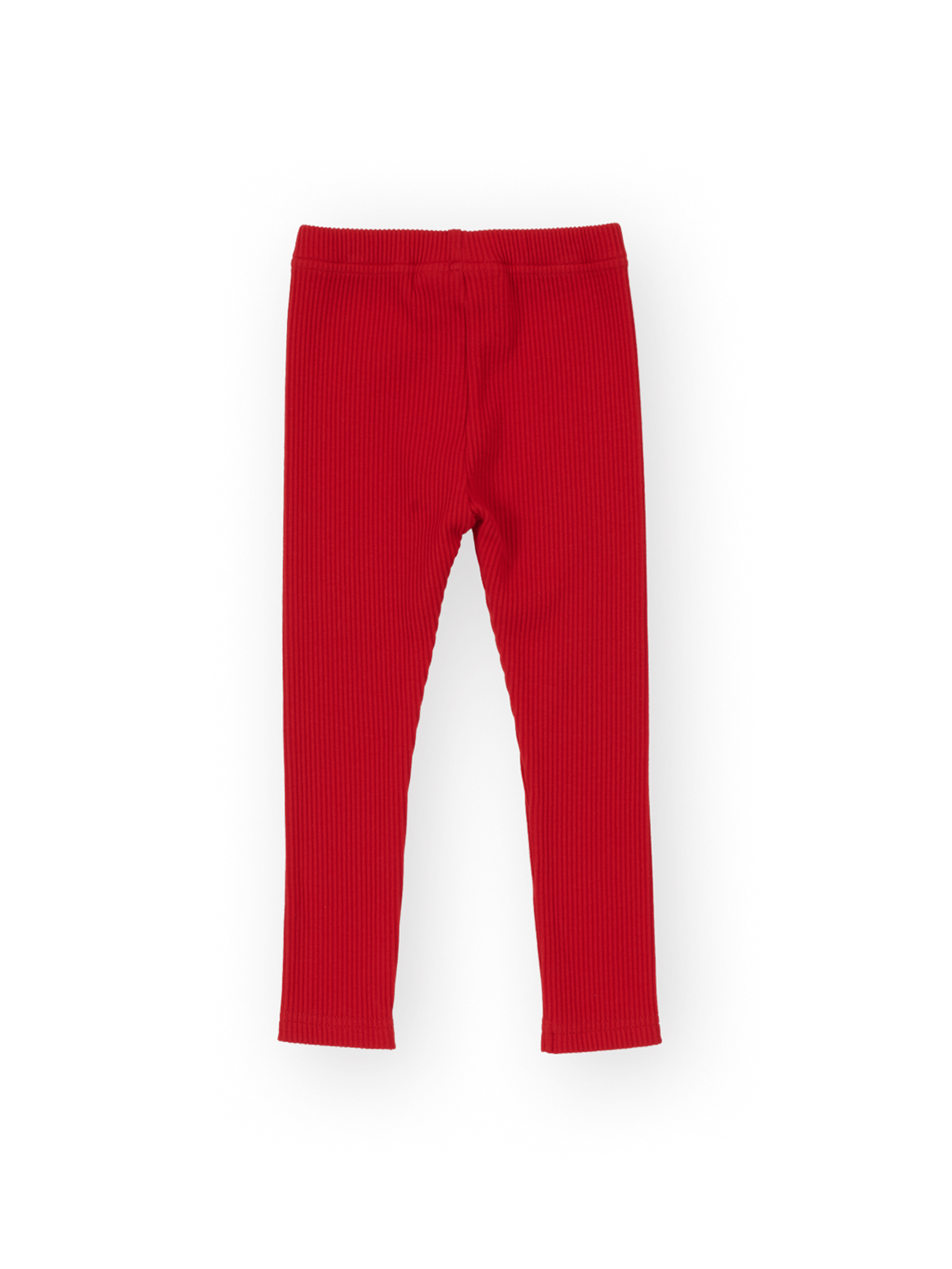 The Goldie + Ace Bowie Rib Legging in Red pictured on a transparent background. The material is 95% cotton 5% spandex. It is a pant made for babies, toddlers and kids.