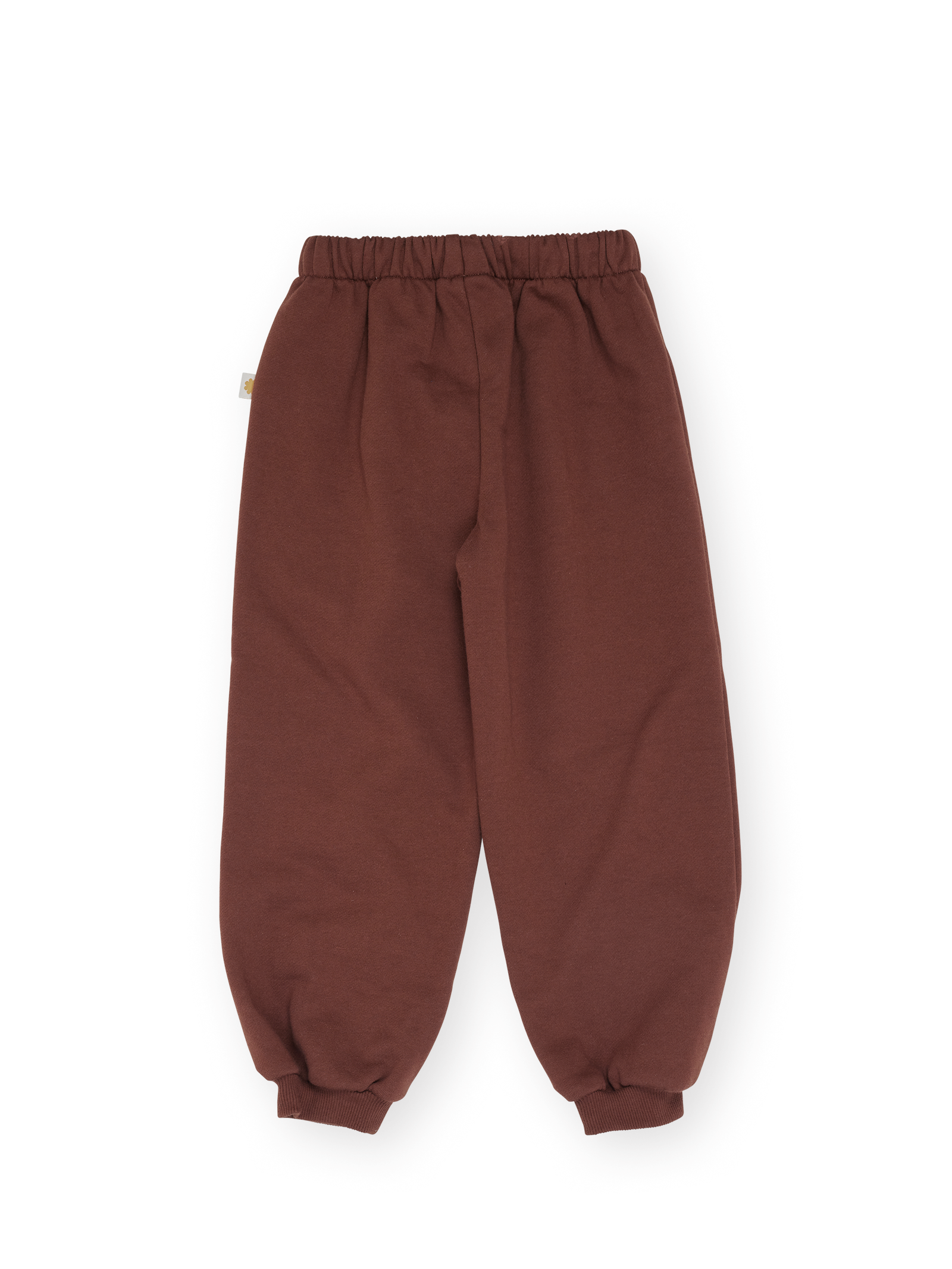 The Goldie + Ace Comfy Embroidered Sweatpants in Chestnut pictured on a transparent background. The material is 100% cotton. It is a sweatpant made for babies, toddlers and kids.