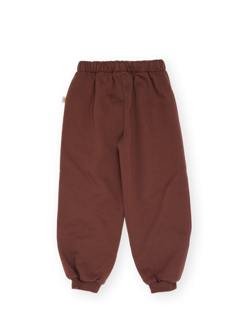 The Goldie + Ace Comfy Embroidered Sweatpants in Chestnut pictured on a transparent background. The material is 100% cotton. It is a sweatpant made for babies, toddlers and kids.