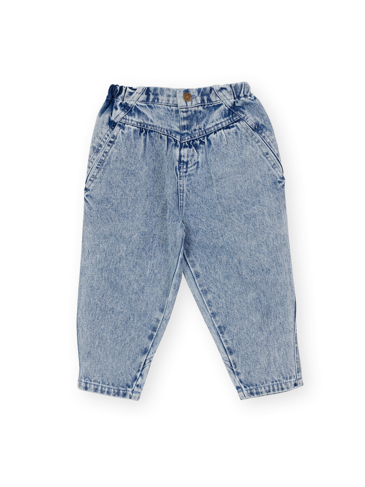 The Goldie + Ace Nora Denim Pant in Light Denim pictured on a transparent background. The material is 100% cotton. It is a pant made for babies, toddlers and kids.