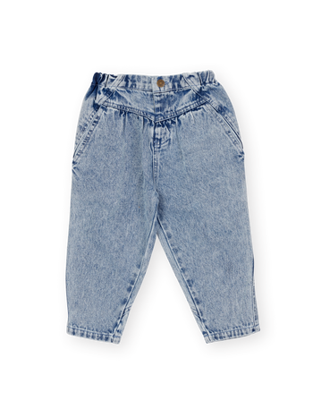 The Goldie + Ace Nora Denim Pant in Light Denim pictured on a transparent background. The material is 100% cotton. It is a pant made for babies, toddlers and kids.