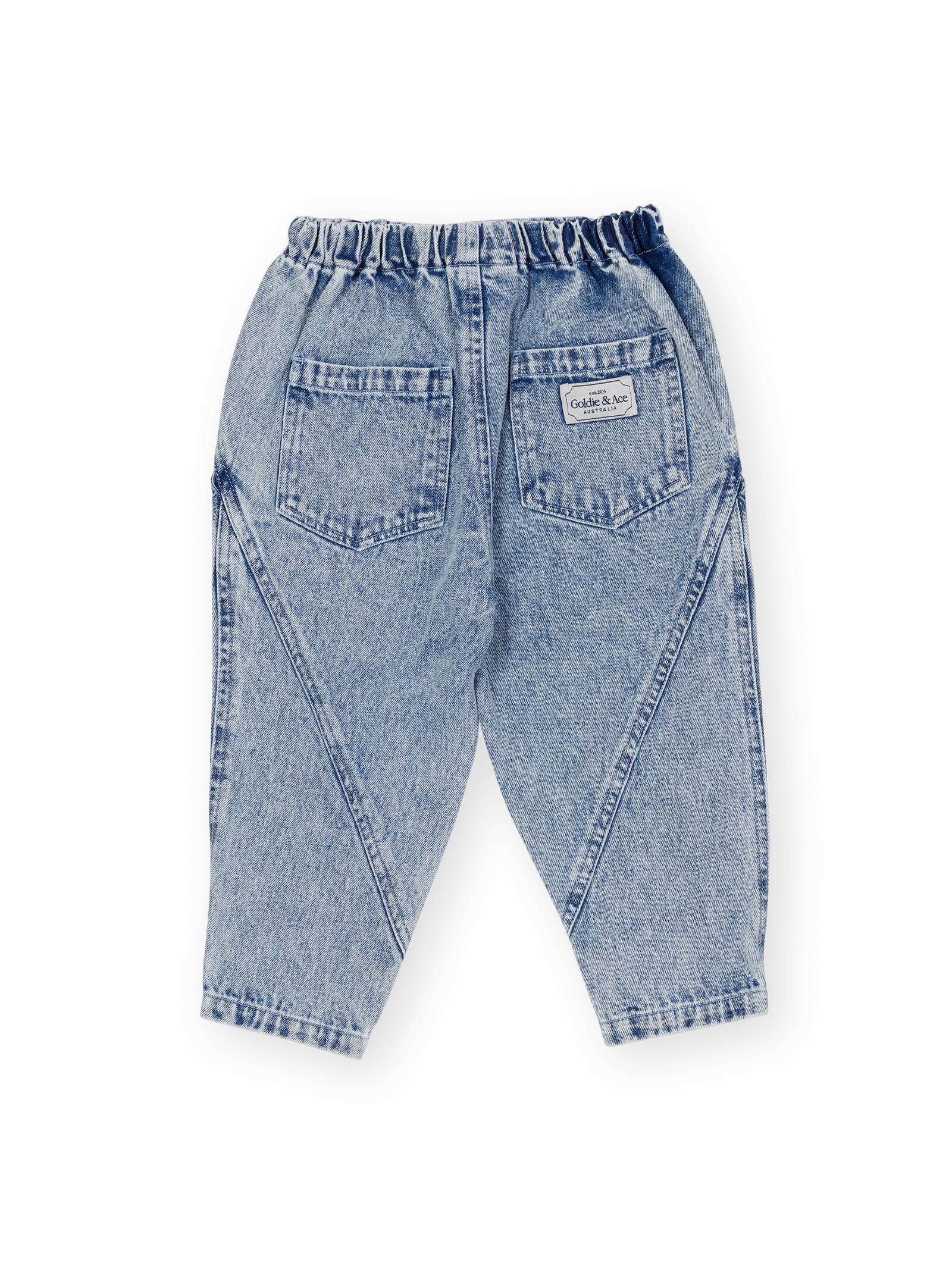 The Goldie + Ace Nora Denim Pant in Light Denim pictured on a transparent background. The material is 100% cotton. It is a pant made for babies, toddlers and kids.