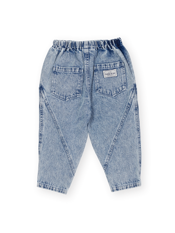 The Goldie + Ace Nora Denim Pant in Light Denim pictured on a transparent background. The material is 100% cotton. It is a pant made for babies, toddlers and kids.