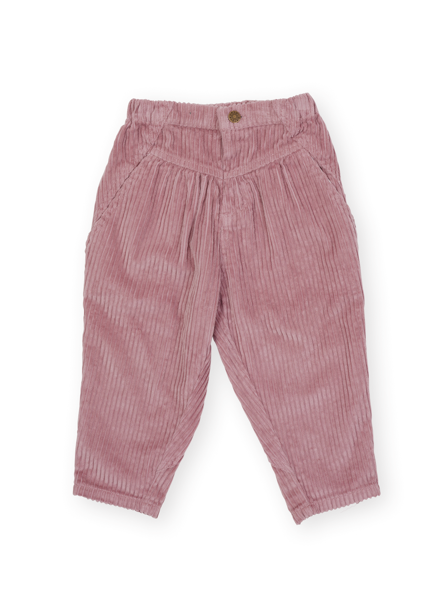 The Goldie + Ace Nora Corduroy Pant in Dusty Pink pictured on a transparent background. The material is 100% cotton. It is a pant made for babies, toddlers and kids.