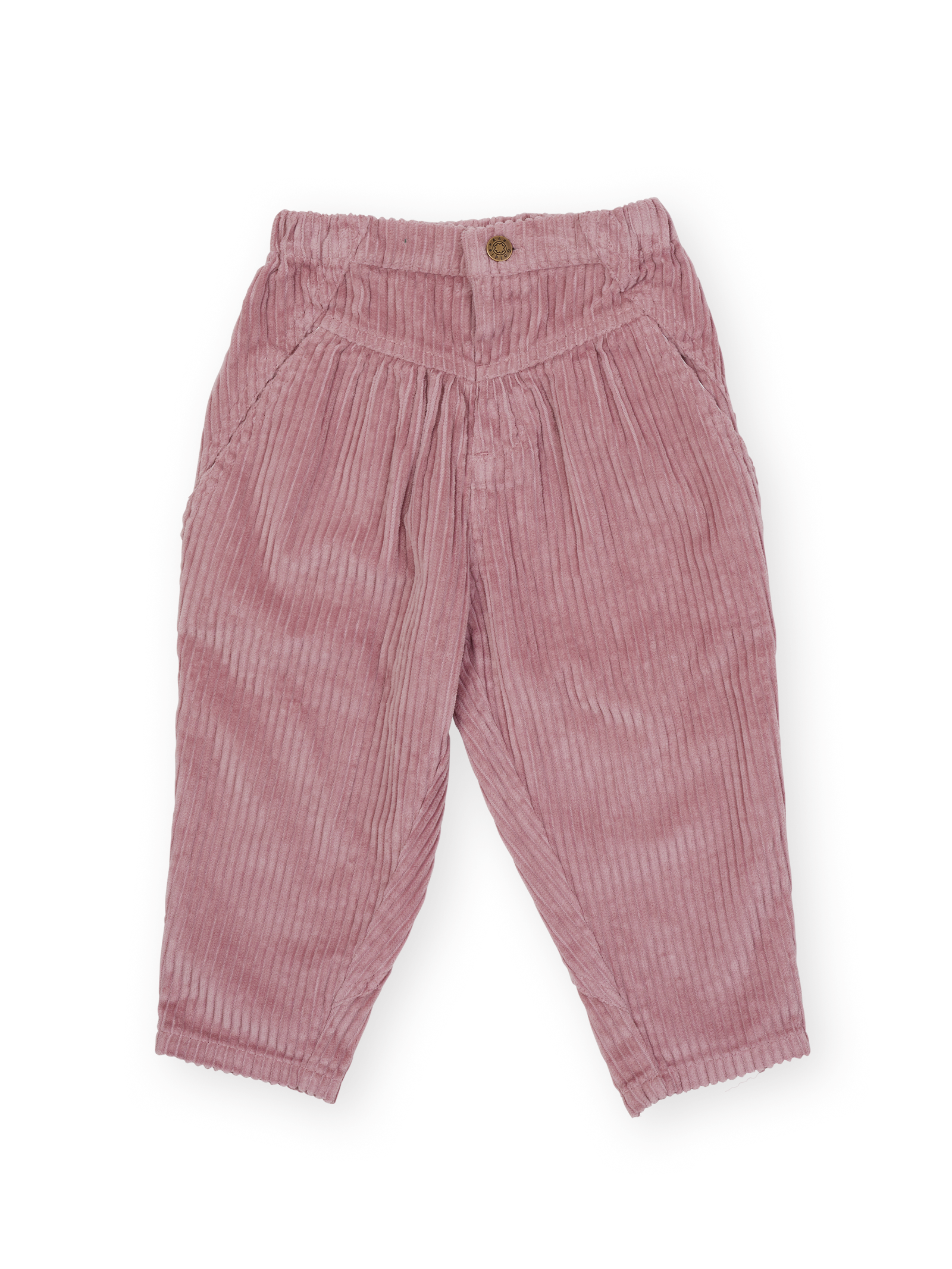 The Goldie + Ace Nora Corduroy Pant in Dusty Pink pictured on a transparent background. The material is 100% cotton. It is a pant made for babies, toddlers and kids.
