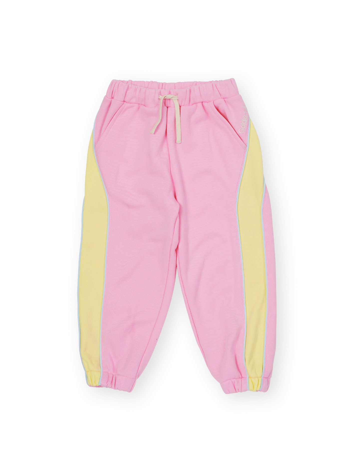 The Goldie + Ace Zig Zag Sweat Pant in Pink &amp; Yellow pictured on a transparent background. The material is 100% cotton. It is a sweatpant made for babies, toddlers and kids.