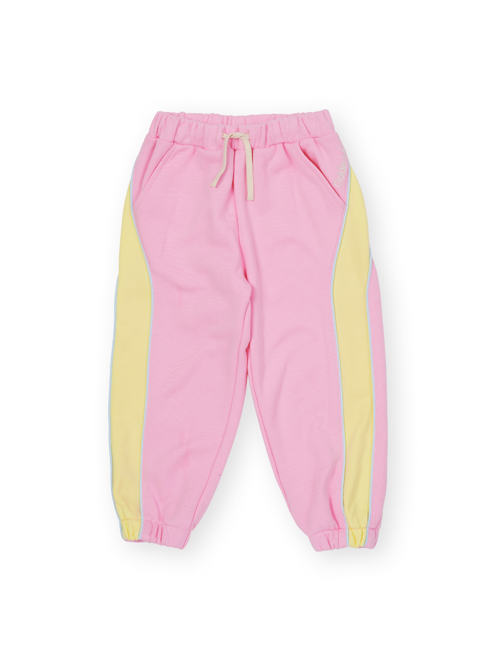 The Goldie + Ace Zig Zag Sweat Pant in Pink & Yellow pictured on a transparent background. The material is 100% cotton. It is a sweatpant made for babies, toddlers and kids.