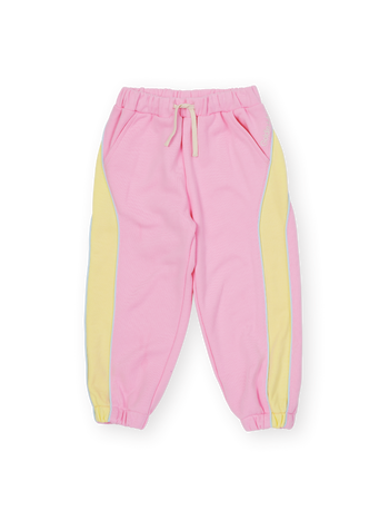 The Goldie + Ace Zig Zag Sweat Pant in Pink & Yellow pictured on a transparent background. The material is 100% cotton. It is a sweatpant made for babies, toddlers and kids.