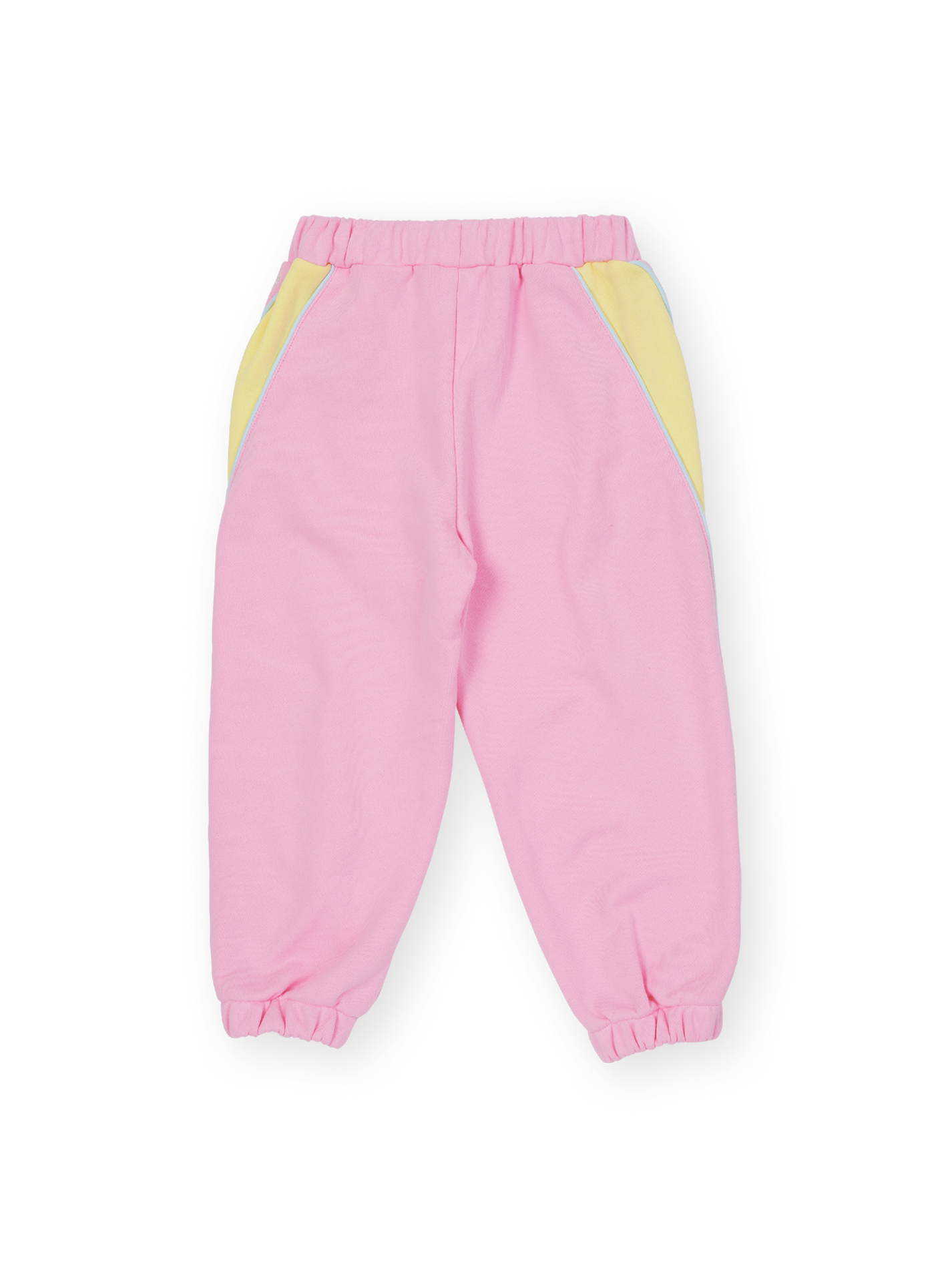 The Goldie + Ace Zig Zag Sweat Pant in Pink &amp; Yellow pictured on a transparent background. The material is 100% cotton. It is a sweatpant made for babies, toddlers and kids.