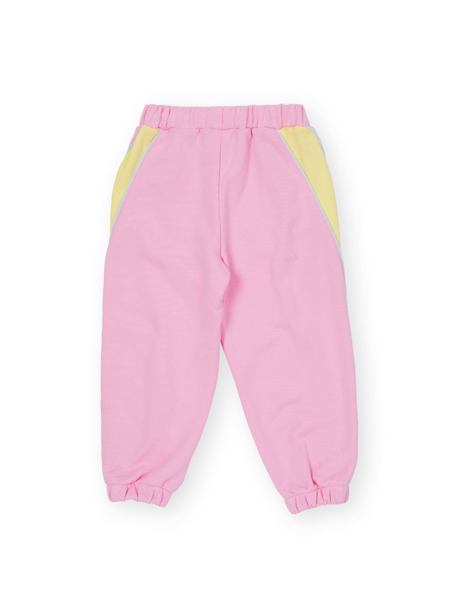 The Goldie + Ace Zig Zag Sweat Pant in Pink & Yellow pictured on a transparent background. The material is 100% cotton. It is a sweatpant made for babies, toddlers and kids.