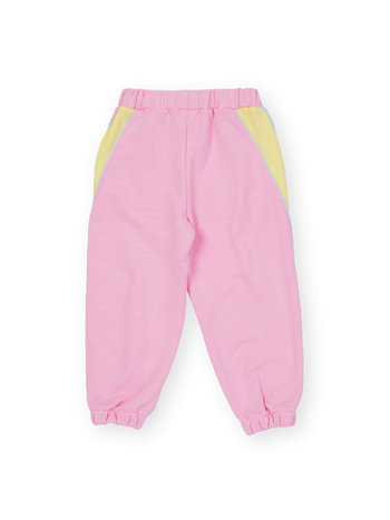 The Goldie + Ace Zig Zag Sweat Pant in Pink & Yellow pictured on a transparent background. The material is 100% cotton. It is a sweatpant made for babies, toddlers and kids.