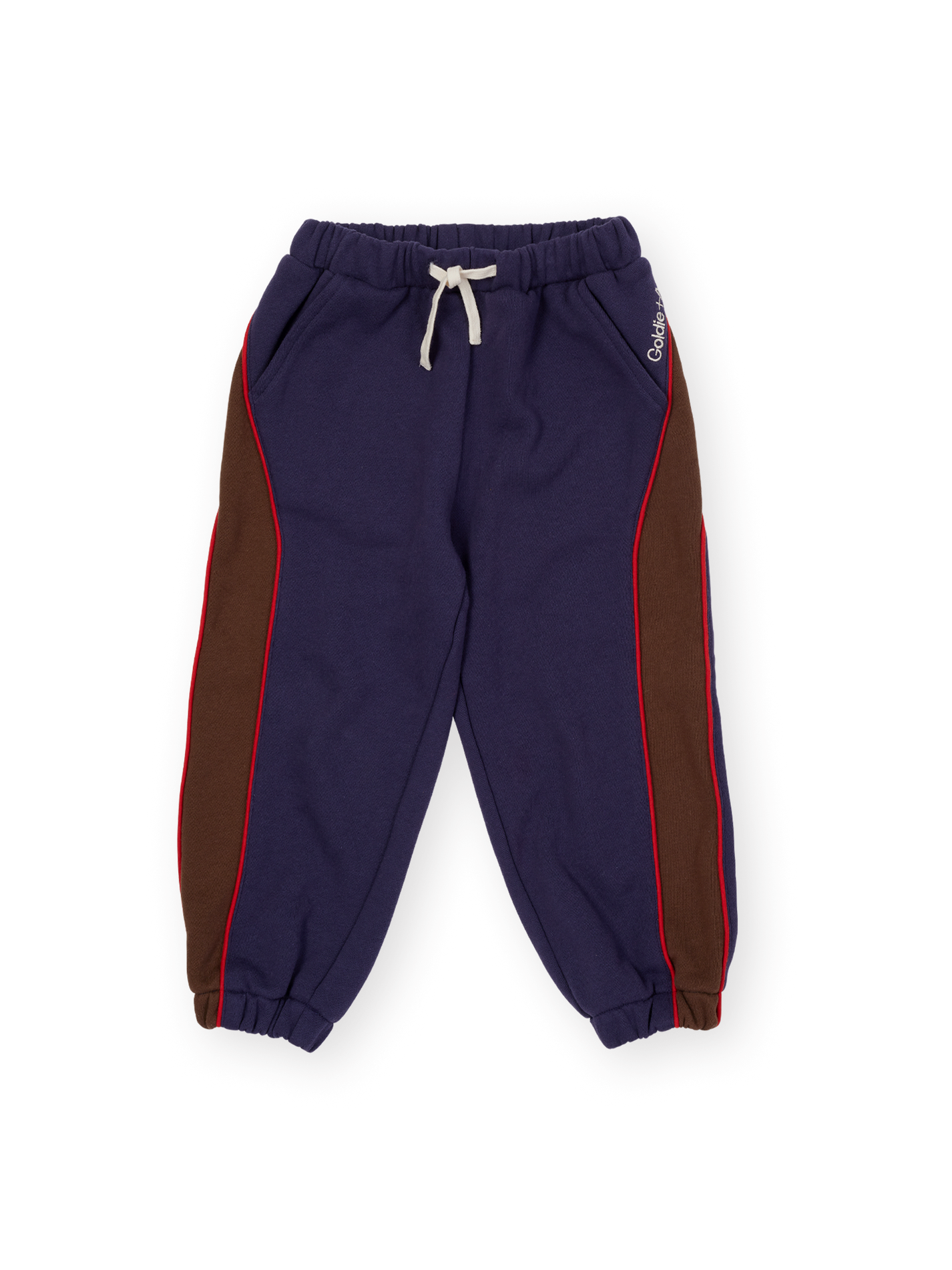 The Goldie + Ace Zig Zag Sweat Pant in Navy &amp; Brown pictured on a transparent background. The material is 100% cotton. It is a sweatpant made for babies, toddlers and kids.
