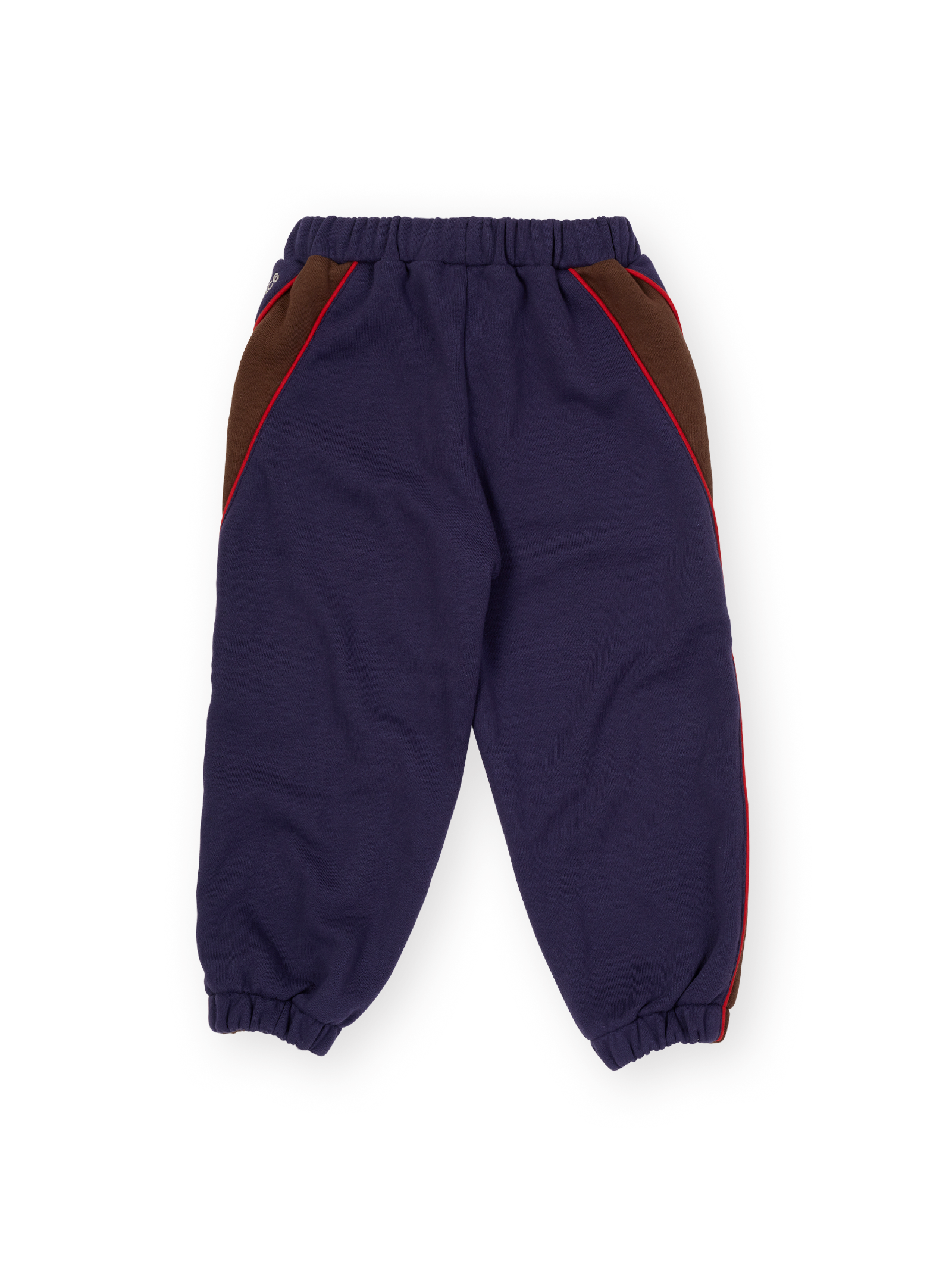 The Goldie + Ace Zig Zag Sweat Pant in Navy & Brown pictured on a transparent background. The material is 100% cotton. It is a sweatpant made for babies, toddlers and kids.