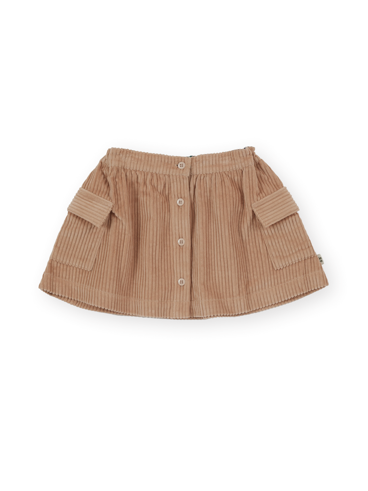 The Goldie + Ace Corduroy Pocket Skirt in Tan pictured on a transparent background. The material is 100% cotton. It is a skirt made for babies, toddlers and kids.