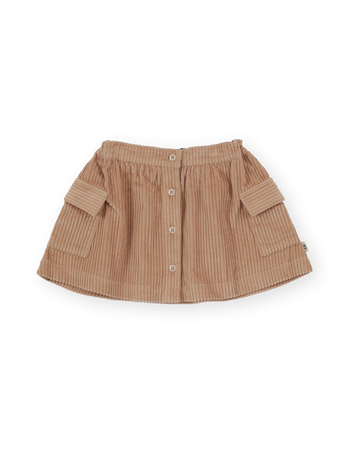 The Goldie + Ace Corduroy Pocket Skirt in Tan pictured on a transparent background. The material is 100% cotton. It is a skirt made for babies, toddlers and kids.